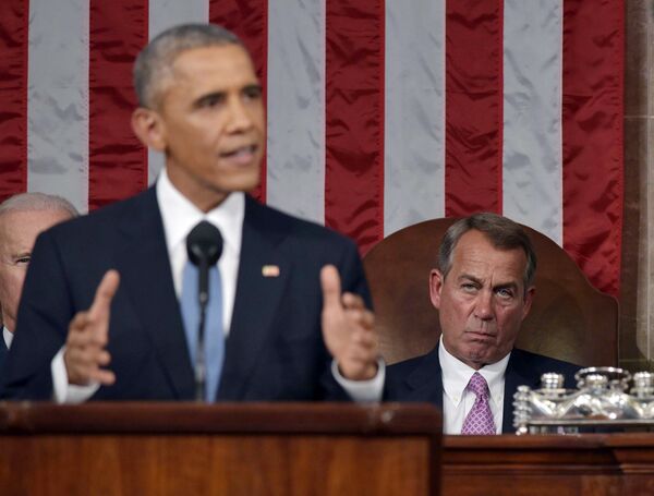 President Barack Obama delivers his State of the Union address to a joint session of Congress on Capitol Hill on Tuesday, Jan. 20, 2015, in Washington, as House Speaker John Boehner of Ohio, listens in the background. President Barack Obama delivers his State of the Union address to a joint session of Congress on Capitol Hill on Tuesday, Jan. 20, 2015, in Washington, as House Speaker John Boehner of Ohio, listens in the background. - Sputnik International