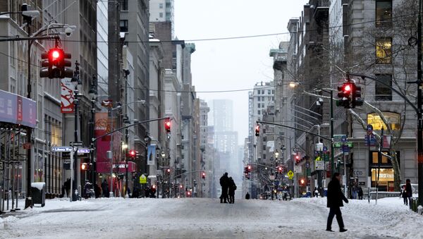 People walk in the middle of a car-free Fifth Avenue in New York, Tuesday, Jan. 27, 2015. A storm packing blizzard conditions spun up the East Coast early Tuesday, pounding parts of coastal New Jersey northward through Maine with high winds and heavy snow. - Sputnik International