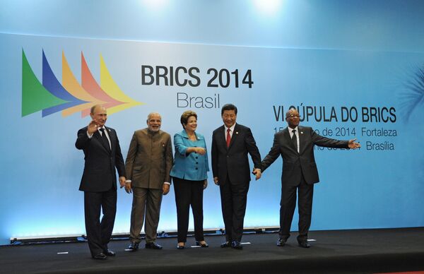 On July 15, 2014, BRICS leaders -- Russian President Vladimir Putin, Indian Prime Minister Narendra Modi, Brazilian President Dilma Rousseff, Chinese President Xi Jinping and South African President Jacob Zuma (from left to right) -- pose for a group photo in the Congress Center in Fortaleza. On July 15, 2014, BRICS leaders -- Russian President Vladimir Putin, Indian Prime Minister Narendra Modi, Brazilian President Dilma Rousseff, Chinese President Xi Jinping and South African President Jacob Zuma (from left to right) -- pose for a group photo in the Congress Center in Fortaleza. - Sputnik International