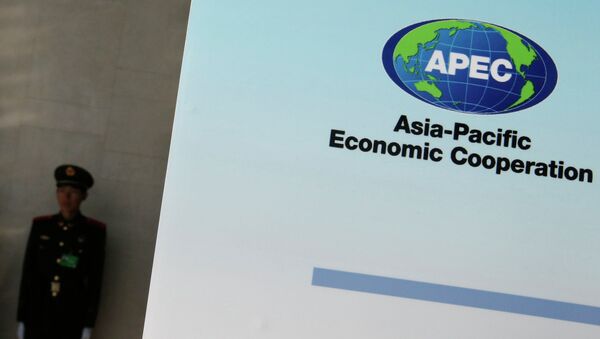 A paramilitary policeman stands guard next to a banner bearing a logo of APEC during the opening of the 2014 APEC Concluding Senior Officials' Meeting, at the China National Convention Centre, in Beijing, November 5, 2014. - Sputnik International