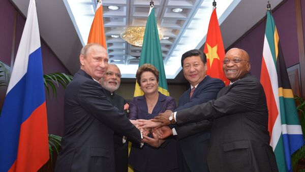 From left: Russian President Vladimir Putin, Indian Prime Minister Narendra Modi, President of Brazil Dilma Rousseff, Chinese President Xi Jinping and the President of South Africa Jacob Zuma - Sputnik International