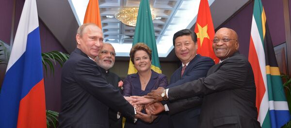 From left: Russian President Vladimir Putin, Indian Prime Minister Narendra Modi, President of Brazil Dilma Rousseff, Chinese President Xi Jinping and the President of South Africa Jacob Zuma From left: Russian President Vladimir Putin, Indian Prime Minister Narendra Modi, President of Brazil Dilma Rousseff, Chinese President Xi Jinping and the President of South Africa Jacob Zuma - Sputnik International