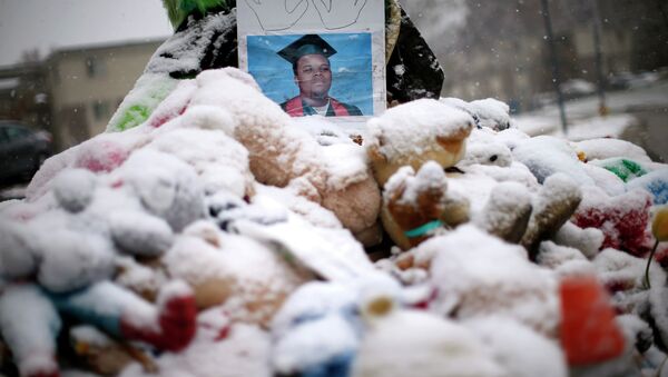 Snow falls on a memorial on the 100th day since the shooting death of Michael Brown in Ferguson, Missouri - Sputnik International