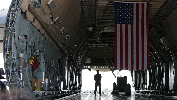 A serviceman stands inside the US military transport aircraft C-5 Galaxy. File photo - Sputnik International