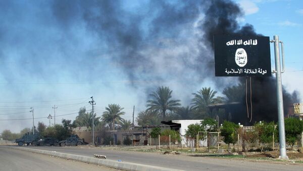 Smoke raises behind an Islamic State flag after Iraqi security forces and Shiite fighters took control of Saadiya in Diyala province from Islamist State militants, November 24, 2014. - Sputnik International