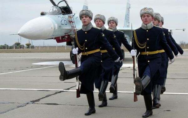 An official welcoming ceremony for the crews of Sukhoi Su-27 SM Flanker fighters, due to serve with the 62nd Fighter Regiment of the 27th Combined Air Division of the Russian Air Force at Belbek airfield near Sevastopol. - Sputnik International