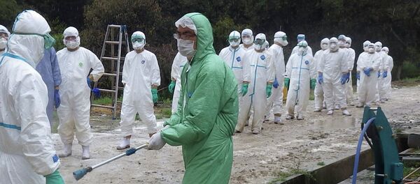 Kumamoto Prefecture, local government workers in white protective overalls line up to be sprayed disinfectant in Taragicho Kumamoto Prefecture, local government workers in white protective overalls line up to be sprayed disinfectant in Taragicho - Sputnik International