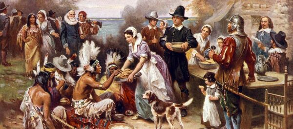The first Thanksgiving, 1621, Pilgrims and natives gather to share a meal, oil painting by Jean Louis Gerome Ferris, 1932 The first Thanksgiving, 1621, Pilgrims and natives gather to share a meal, oil painting by Jean Louis Gerome Ferris, 1932 - Sputnik International