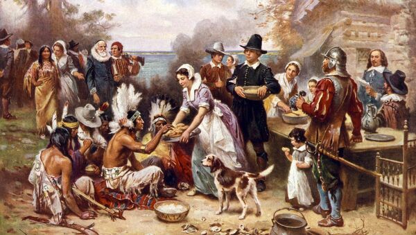 The first Thanksgiving, 1621, Pilgrims and natives gather to share a meal, oil painting by Jean Louis Gerome Ferris, 1932 - Sputnik International