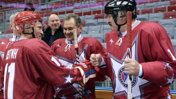 President Vladimir Putin, Defense Minister Sergei Shoygu and the incoming and outgoing heads of the KHL played a friendly match of hockey Friday night in Sochi. Photo: Putin, Number 11, left, together with Sergei Shoigu during a match from earlier in the year. - Sputnik International
