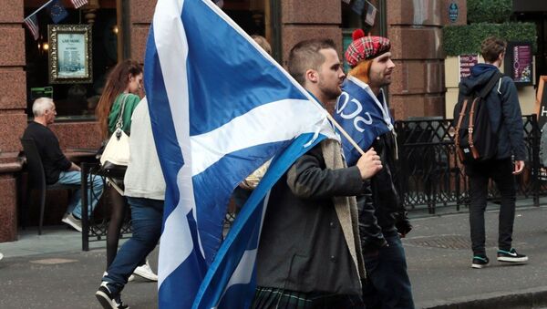 Yes campaigners carry flags on the day Scottish residents decide the future political direction their country will take in Glasgow,Scotland on September 18, 2014 - Sputnik International