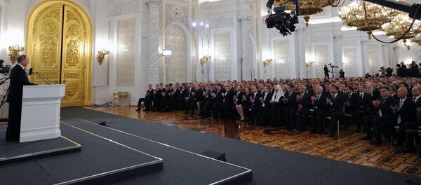 December 4, 2014. Russian President Vladimir Putin delivers the annual Presidential Address to the Federal Assembly at the Kremlin's St. George's Hall. December 4, 2014. Russian President Vladimir Putin delivers the annual Presidential Address to the Federal Assembly at the Kremlin's St. George's Hall. - Sputnik International