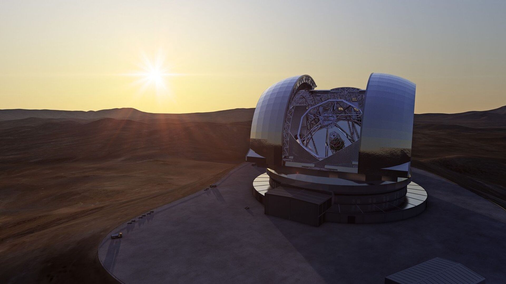 Artist's impression of the European Extremely Large Telescope (E-ELT) in its enclosure on Cerro Armazones, a 3060-metre mountaintop in Chile's Atacama Desert - Sputnik International, 1920, 15.10.2021