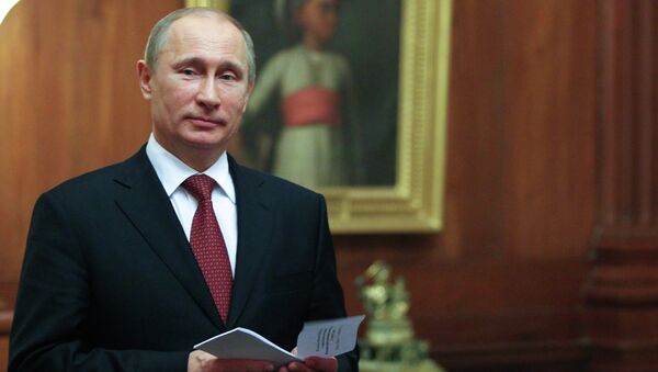 President Vladimir Putin at the Presidential Palace in New Delhi - Sputnik International
