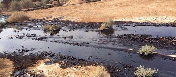 Oil is seen after a large oil spillage caused by an oil pipeline that breached during maintenance work in the Arava desert, southern Israel, on Dec. 4, 2014 - Sputnik International