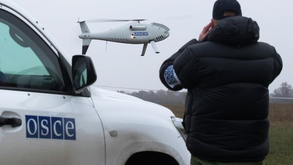 A member of the Organization for Security and Co-operation in Europe (OSCE) mission to Ukraine watches a drone take off during a test flight near the town of Mariupol, eastern Ukraine, Thursday, Oct. 23, 2014 - Sputnik International