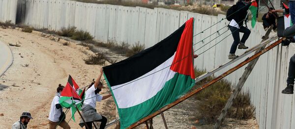Foreign activists and Palestinian protesters use a metal ramp to cross over a section of the controversial Israeli barrier during a protest over tension in Jerusalem, near the Israeli Qalandia checkpoint between the West Bank city of Ramallah and Jerusalem Foreign activists and Palestinian protesters use a metal ramp to cross over a section of the controversial Israeli barrier during a protest over tension in Jerusalem, near the Israeli Qalandia checkpoint between the West Bank city of Ramallah and Jerusalem - Sputnik International