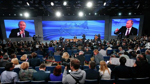 Russian President Vladimir Putin held the tenth annual press conference. The president talked about several important issues, including Ukraine, the fall of ruble, economic problems and relations with the West. - Sputnik International