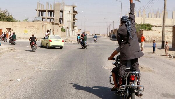 A man holds up a knife as he rides on the back of a motorcycle in Northern Syria. - Sputnik International