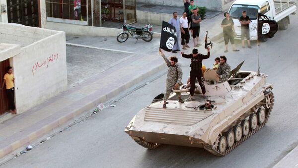 Militant Islamist fighters hold the flag of Islamic State (IS) while taking part in a military parade along the streets of northern Raqqa province in this June 30, 2014 file photo - Sputnik International