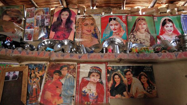 Utensils placed on a mud wall shelf adorned with Bollywood film star posters are seen in a room owned by a cotton picker's family in Meeran Pur village, north of Karachi November 23, 2014 - Sputnik International