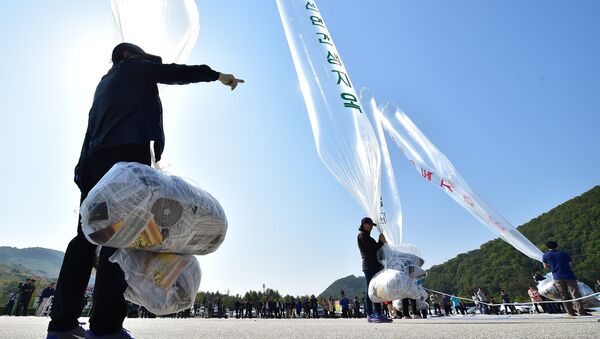 South Korean activists prepare to release balloons carrying anti-North Korea leaflets at a park near the inter-Korea border in Paju, north of Seoul, on October 10, 2014 - Sputnik International
