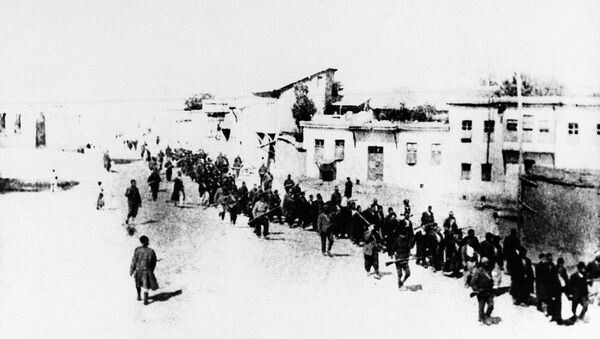 Armenian civilians escorted by Ottoman soldiers, being marched to a prison in southeastern Turkish city of Elazig, April 1915. - Sputnik International