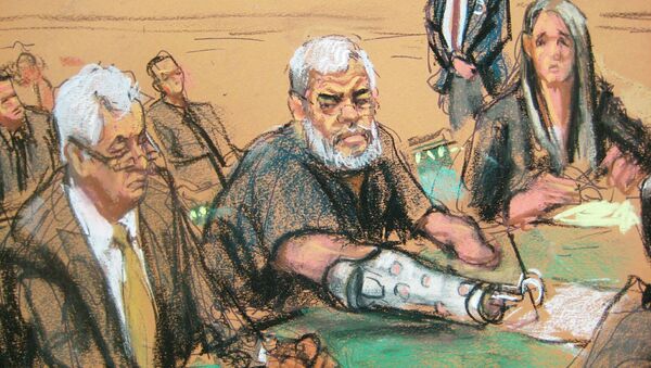 A courtroom sketch shows Abu Hamza, 56, seated with his defense lawyers Sam A. Schmidt (L) and Lindsay Lewis (R) in U.S. District court in Manhattan, New York, January 9, 2015 - Sputnik International