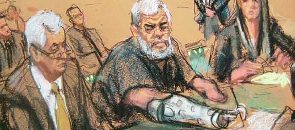A courtroom sketch shows Abu Hamza, 56, seated with his defense lawyers Sam A. Schmidt (L) and Lindsay Lewis (R) in U.S. District court in Manhattan, New York, January 9, 2015 - Sputnik International