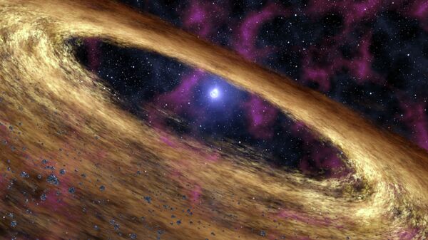An undated artist rendering provided by NASA/JPL-Caltech, depicts a dead star called a pulsar, center, and the surrounding disk of rubble, discovered by NASA's Spitzer Space Telescope - Sputnik International