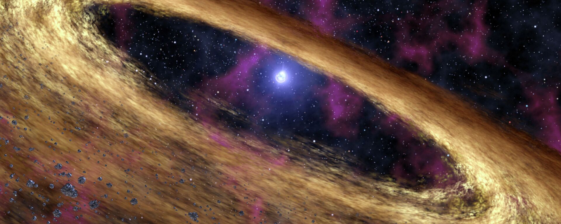 An undated artist rendering provided by NASA/JPL-Caltech, depicts a dead star called a pulsar, center, and the surrounding disk of rubble, discovered by NASA's Spitzer Space Telescope - Sputnik International, 1920, 15.06.2022