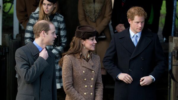Britain's Prince William, left, his wife Kate Duchess of Cambridge and brother Prince Harry leave after attending the British royal family's traditional Christmas Day church service - Sputnik International