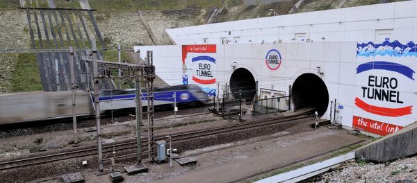 A picture taken on February 10, 2014 near Coquelles, northern France, shows the entrance of the Eurotunnel - Sputnik International