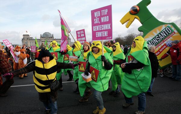 German farmers and consumer rights activists perform as the take part in a march to protest against the Transatlantic Trade and Investment Partnership (TTIP), mass husbandry and genetic engineering in front of the Reichtsgas building Berlin, January 17, 2015 - Sputnik International