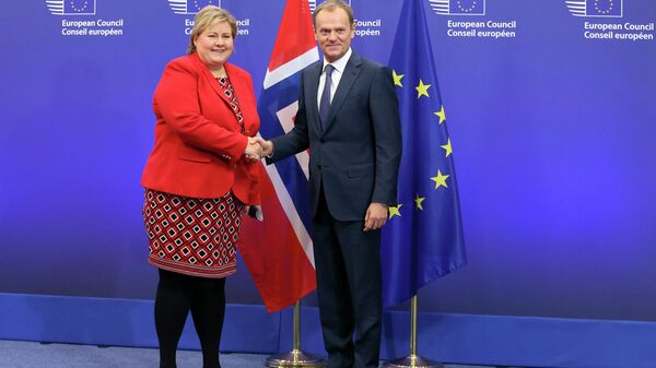 European Council President Donald Tusk poses with Norway's Prime Minister Erna Solberg (L) ahead of a meeting in Brussels January 21, 2015. - Sputnik International