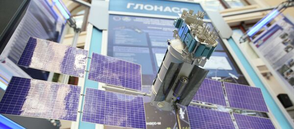 A GLONASS [Global Navigation Satellite System] satellite mock-up on display at the exhibition Space -- Elections -- Telecommunications - Sputnik International