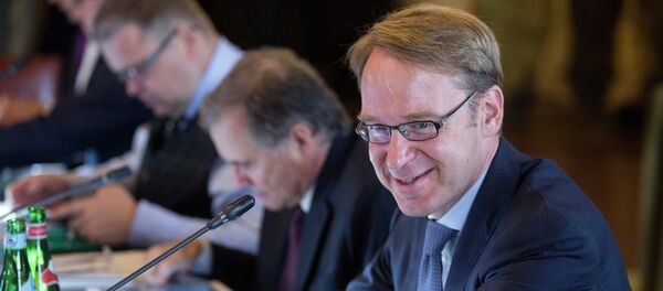 Bundesbank President Jens Weidmann smiles at the start of the ECB governing council meeting in Naples, Italy, Thursday, Oct. 2, 2014 Bundesbank President Jens Weidmann smiles at the start of the ECB governing council meeting in Naples, Italy, Thursday, Oct. 2, 2014 - Sputnik International