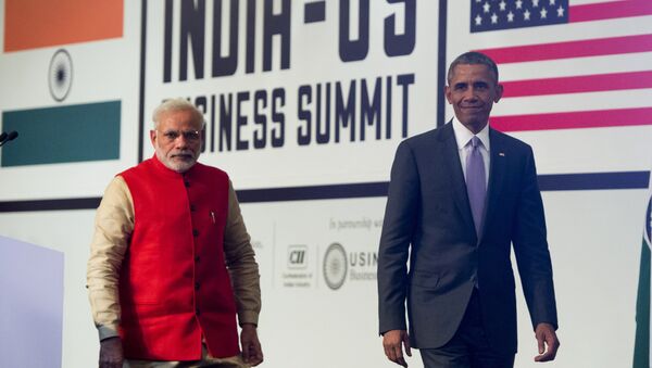 Indian Prime Minister Narendra Modi (L) and US President Barack Obama leave after speaking during the India-US Business Summit in New Delhi on January 26, 2015. - Sputnik International