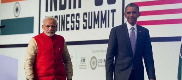 Indian Prime Minister Narendra Modi (L) and US President Barack Obama leave after speaking during the India-US Business Summit in New Delhi on January 26, 2015. Indian Prime Minister Narendra Modi (L) and US President Barack Obama leave after speaking during the India-US Business Summit in New Delhi on January 26, 2015. - Sputnik International
