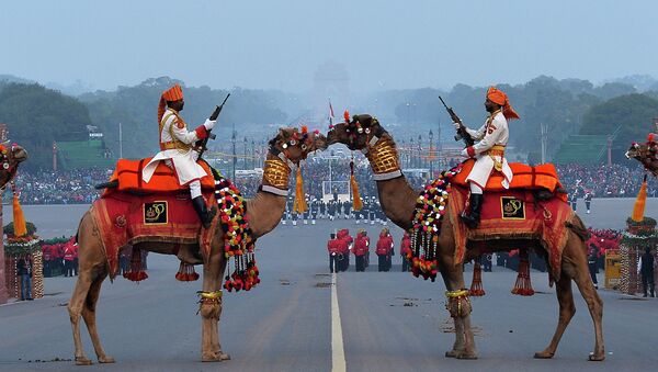 Indian soldiers on camels are pictured during the rehearsal of the Beating Retreat Ceremony at Vijay Chowk in New Delhi - Sputnik International