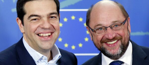 Greek Prime Minister Alexis Tsipras (L) poses with European Parliament President Martin Schulz ahead of a meeting at the EU Parliament in Brussels February 4, 2015 Greek Prime Minister Alexis Tsipras (L) poses with European Parliament President Martin Schulz ahead of a meeting at the EU Parliament in Brussels February 4, 2015 - Sputnik International