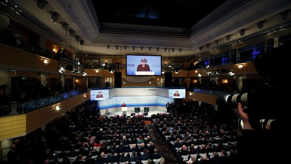 German Chancellor Angela Merkel addresses during the 51st Munich Security Conference at the 'Bayerischer Hof' hotel in Munich February 7, 2015 - Sputnik International