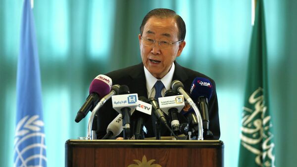 United Nations Secretary General Ban Ki-moon speaks at a news conference in Riyadh February 8, 2015 - Sputnik International