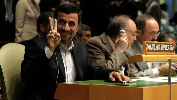 Iran's President Mahmoud Ahmadinejad gestures at the United Nations General Assembly. - Sputnik International
