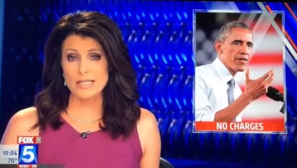 As the Fox 5 San Diego anchor was explaining during a news broadcast that the man accused of rape on the San Diego State University campus will not be charged, a picture of Obama, titled “No charges,” appeared on screen. - Sputnik International