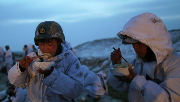 Soldiers of the People's Liberation Army (PLA) Marine Corps eat breakfasts during a military drill on snow-covered field at military base in Taonan, Jilin province January 25, 2015 - Sputnik International