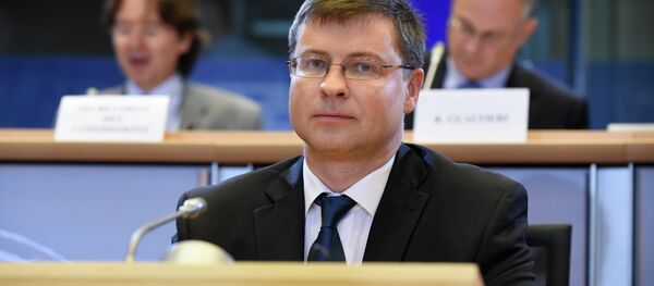 Vice-president designate of Euro & Social Dialogue Valdis Dombrovskis answers questions during her hearing at the European Parliament in Brussels, on October 6, 2014 Vice-president designate of Euro & Social Dialogue Valdis Dombrovskis answers questions during her hearing at the European Parliament in Brussels, on October 6, 2014 - Sputnik International