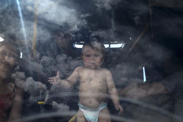 A child in the bus at the Izvarino border checkpoint in the Lugansk Region - Sputnik International