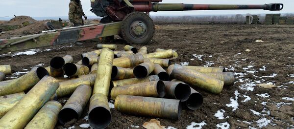 A member of the Ukrainian armed forces stands near a cannon, with shell cases seen in the foreground, at positions in Donetsk region, eastern Ukraine A member of the Ukrainian armed forces stands near a cannon, with shell cases seen in the foreground, at positions in Donetsk region, eastern Ukraine - Sputnik International