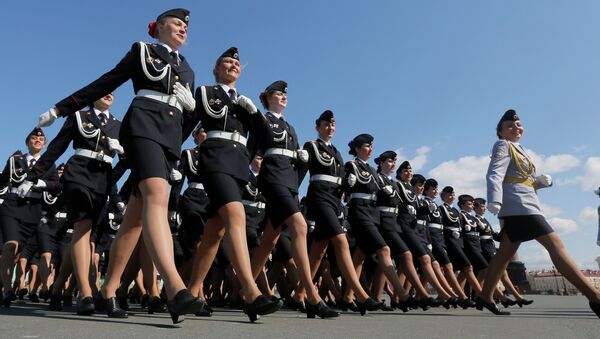 Russian Police academy female cadets march during a rehearsal for the Victory Day military parade at Dvortsovaya (Palace) Square in St Petersburg - Sputnik International